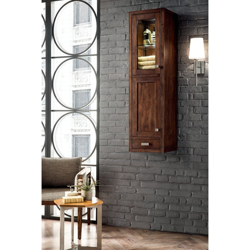 James Martin Addison 15" Depth Grand Tower Hutch in Mid Century Acacia, shown in a bathroom setting