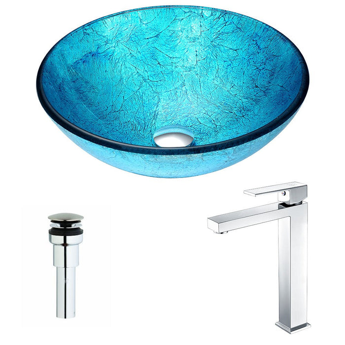 ANZZI Accent Series 17" x 17" Deco-Glass Round Vessel Sink in Blue Ice Finish with Polished Chrome Pop-Up Drain and Enti Faucet LSAZ047-096