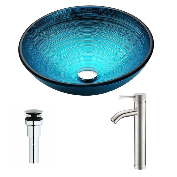 ANZZI Enti Series 17" x 17" Deco-Glass Round Vessel Sink in Lustrous Blue Finish with Chrome Pop-Up Drain and Brushed Nickel Faucet