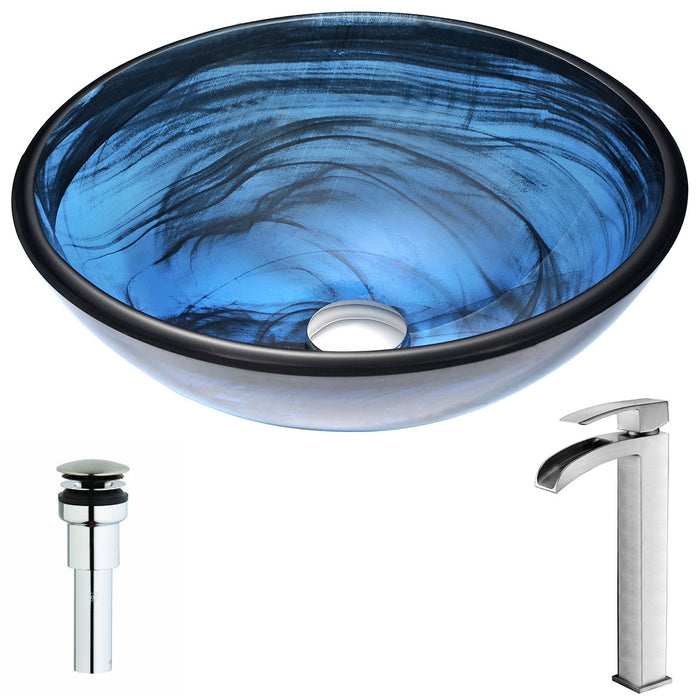 ANZZI Soave Series 17" x 17" Deco-Glass Round Vessel Sink in Sapphire Wisp Finish with Chrome Pop-Up Drain and Faucet