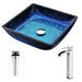 ANZZI Viace Series 15" x 15" Deco-Glass Square Shape Vessel Sink in Blazing Blue Finish with Chrome Pop-Up Drain and Faucet